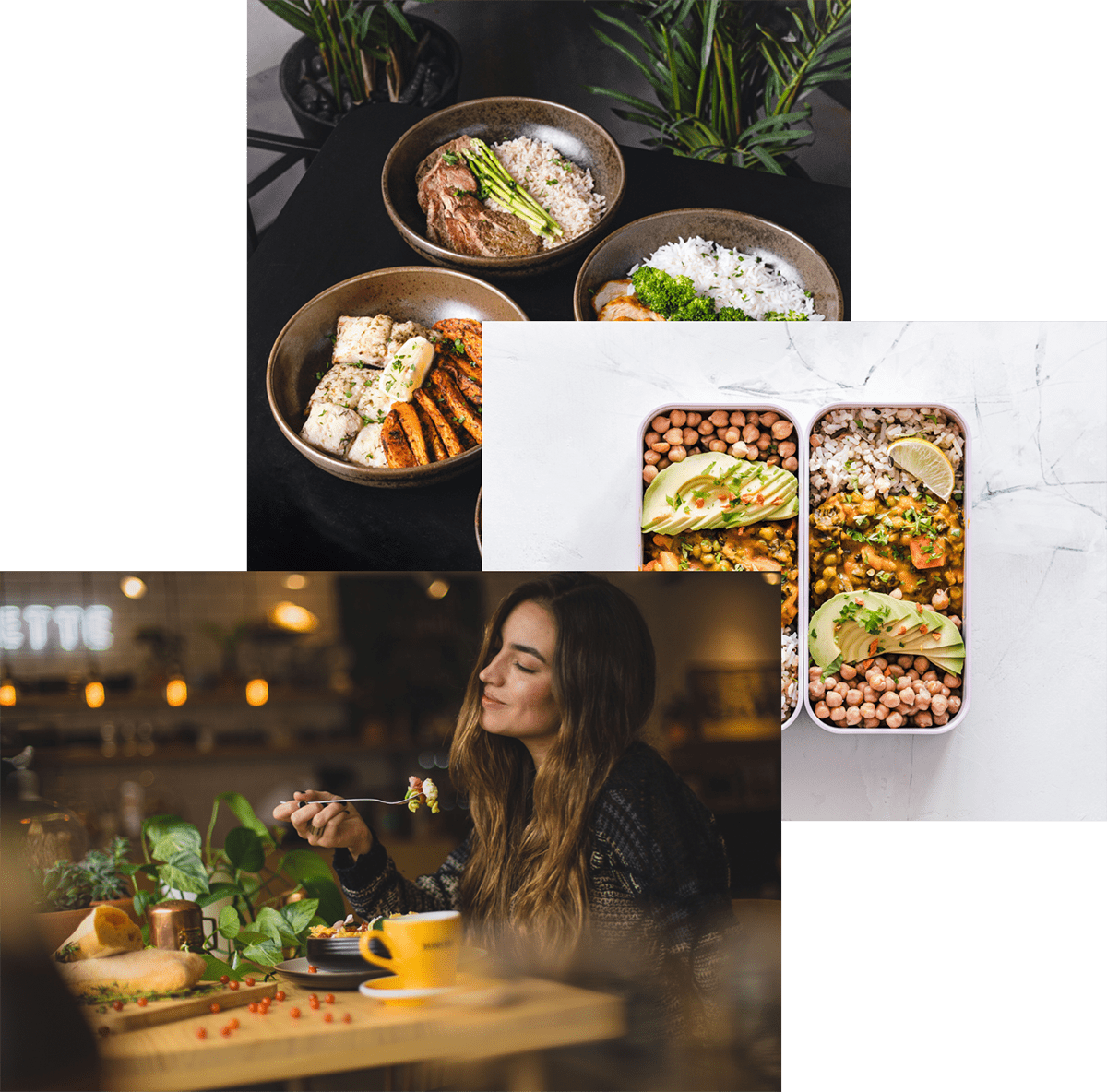 Woman enjoying food, food on table